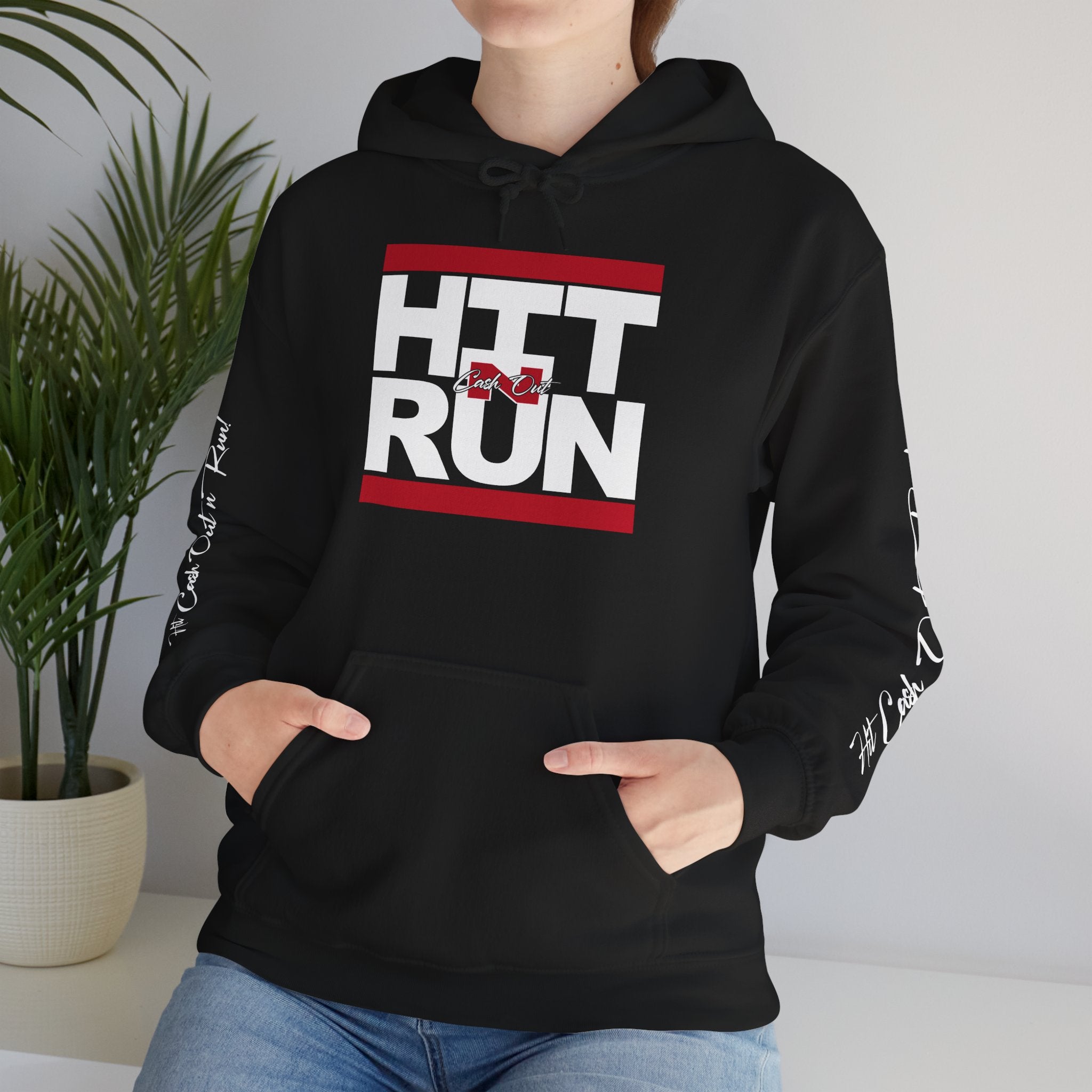 HIT CASH OUT N' RUN Black Hoodie with Signature Arm Sleeves